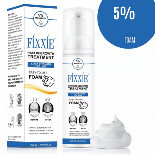 Fixxie hair regrowth treatment foam with packaging on a white background